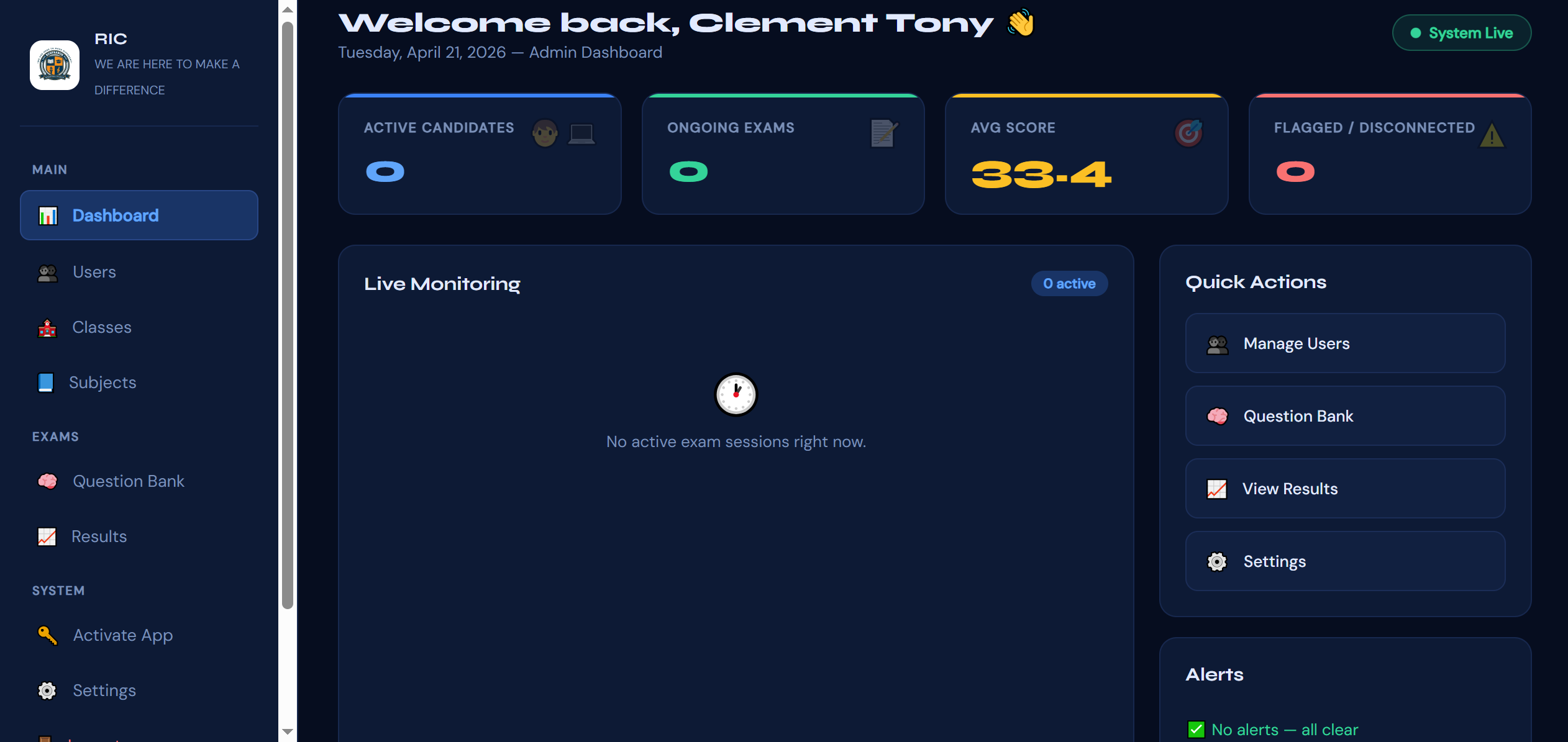 SwiftResult CBT Pro dashboard showing exam analytics and real-time proctoring